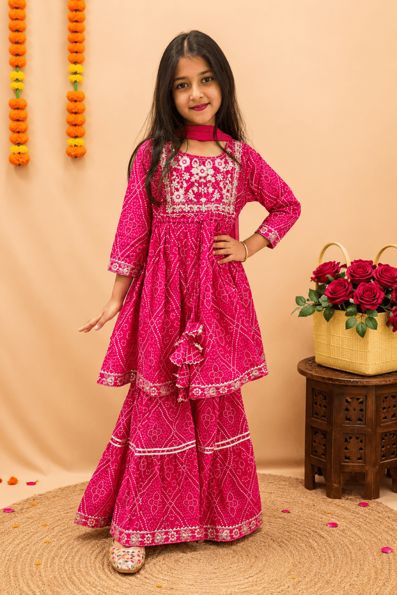 Bandhej Sharara Set for Girls- Bright Pink