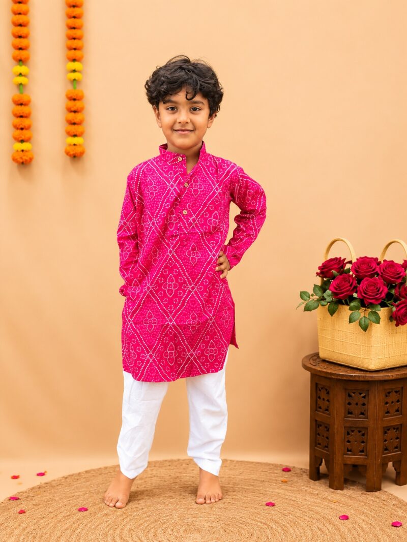 Traditional Bright Pink Bandhej Kurta Pant Set for Boys – Festive Indian Outfit