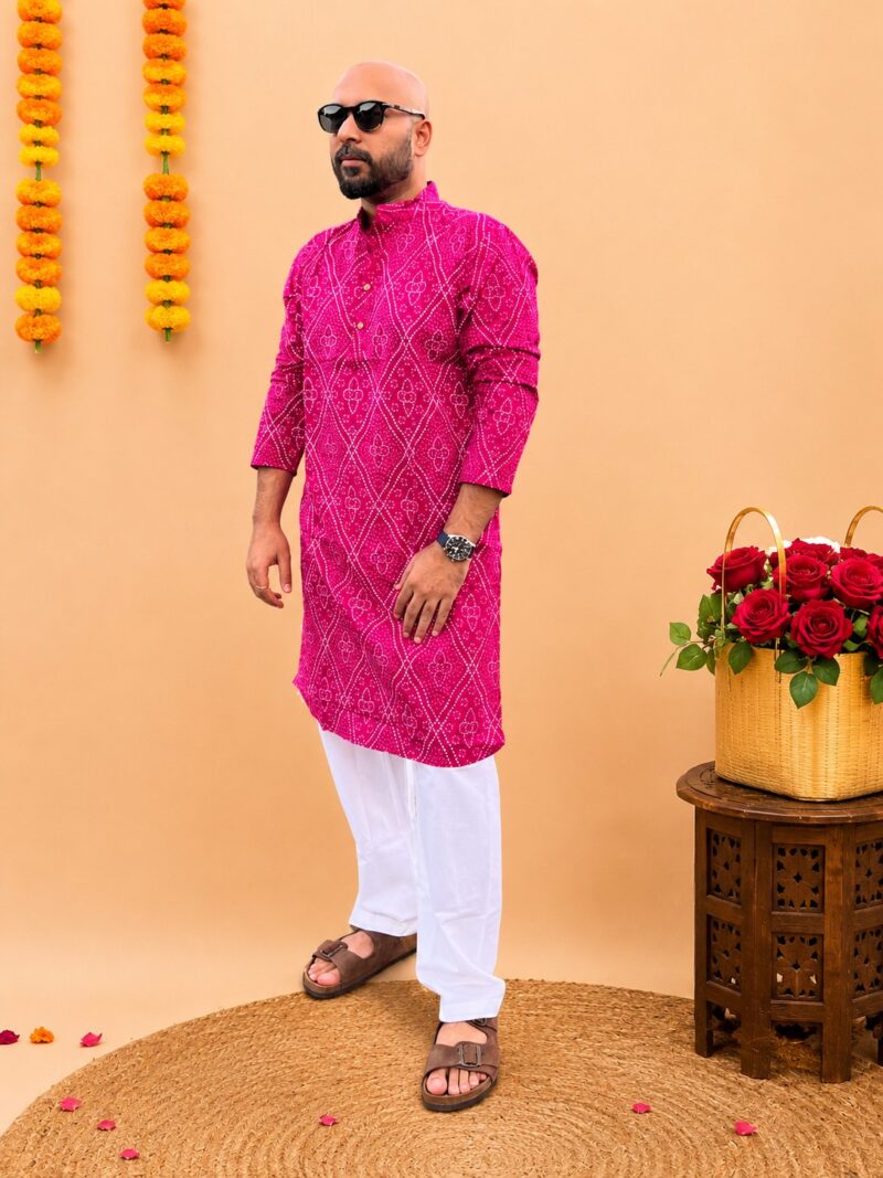 Bandhej Kurta Pant Set for Men - Bright Pink