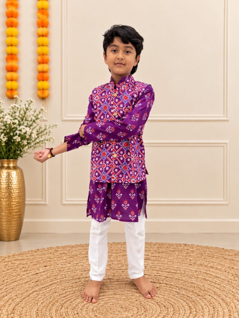 Three Piece Kurta Pant and Jacket Set for Boys - Purple Patoda