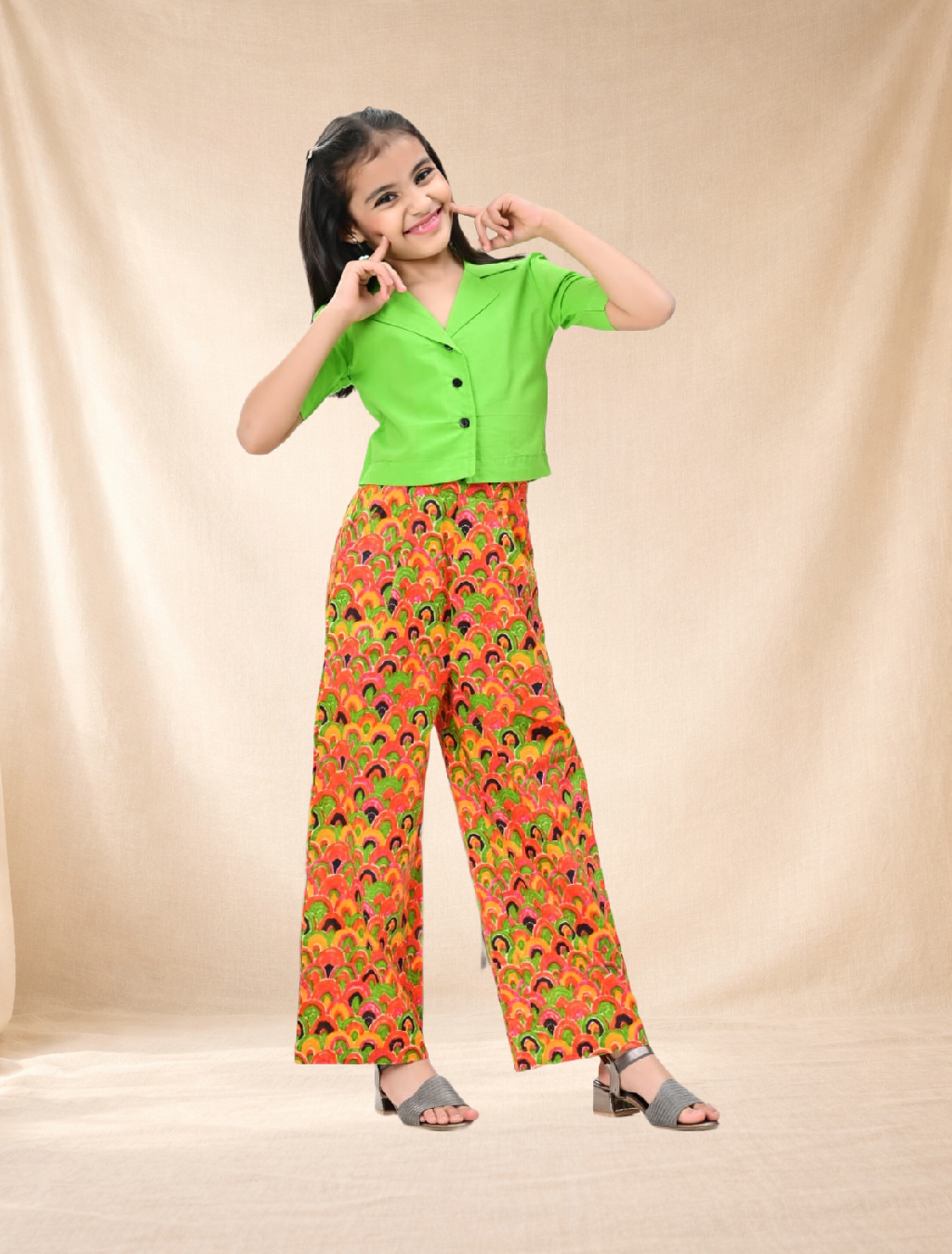 Green Buttoned Crop Top with Printed Palazzo Pants Set