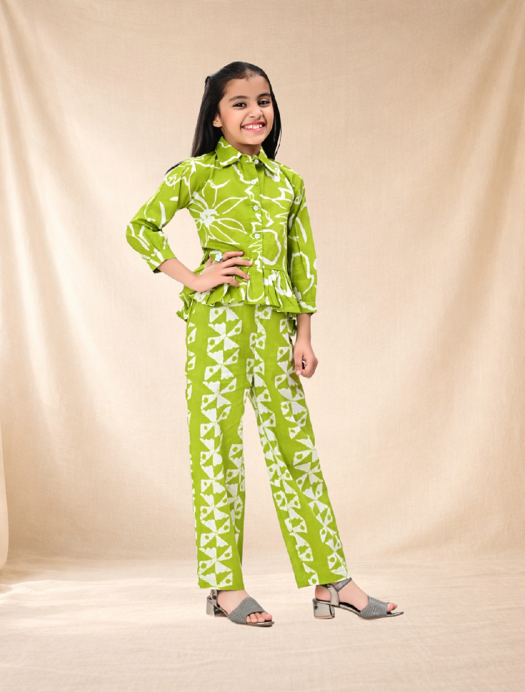 Green Cotton Floral Print Peplum Top & Pant Co-ord Set