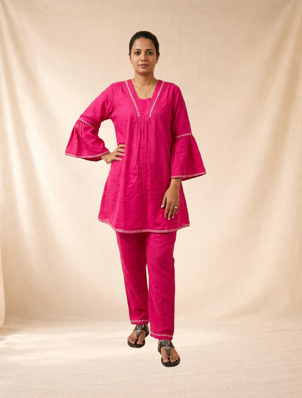 Bright Pink Cotton Kurta & Palazzo Set - Women