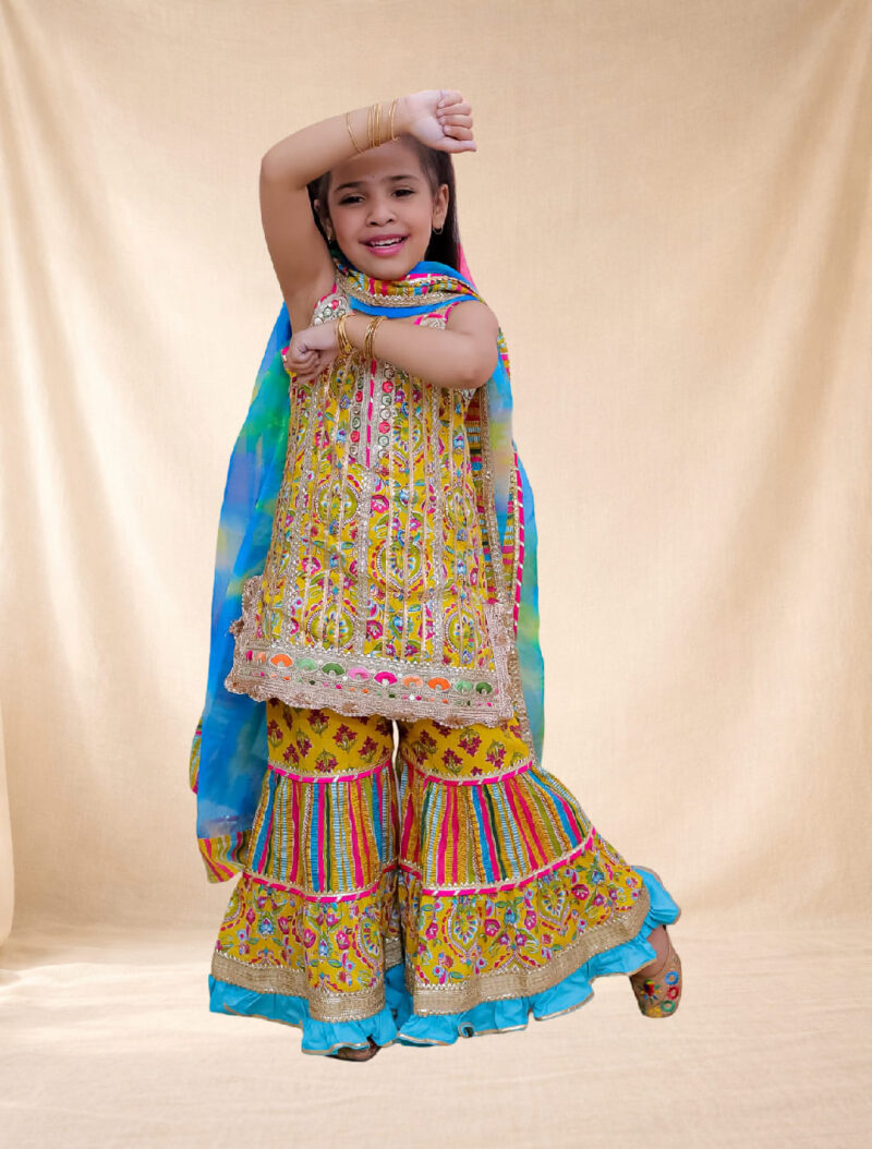 Yellow three-piece Kurti Sharara set - 01